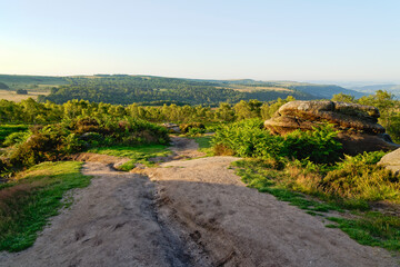 Weathered rocks lay part buried among the ferns and heather on a summer morning in Derbyshire