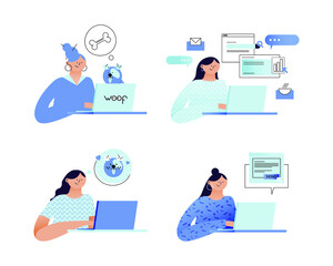 Obraz premium Set of Workers. Woman at Work while Dog Think about Bone, Woman Work on Presentation, Woman Send Letter, Woman Think about Dog. Modern Flat Vector Illustration. Remote Work. Social Media Template.