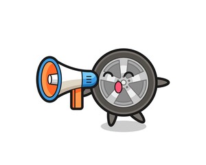 Naklejka premium car wheel character illustration holding a megaphone