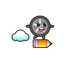 car wheel mascot illustration riding on a giant pencil