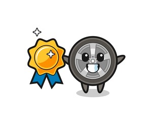 car wheel mascot illustration holding a golden badge