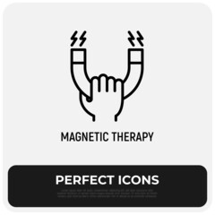 Magnetic therapy thin line icon, hand holding magnet. Magnetotherapy. Alternative medicine practice. Rehabilitation. Modern vector illustration.