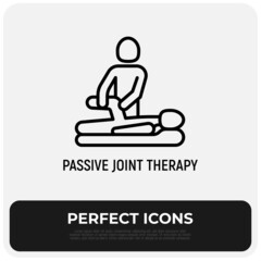 Massage, passive joint therapy thin line icon, physiotherapist warms up knee of man. Physiotherapy, rehabilitation. Modern vector illustration.