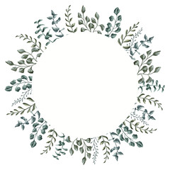 Circlet of varied gentle leaves and branches. Hand-drawn rustic wreath frame for anniversary postcards, wedding invitations, scrapbooking, packaging, etc. 