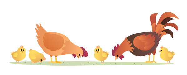 Set of rooster hen and chicks eating illustration