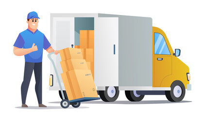 Courier bring packages with trolley. courier standing beside delivery truck concept character