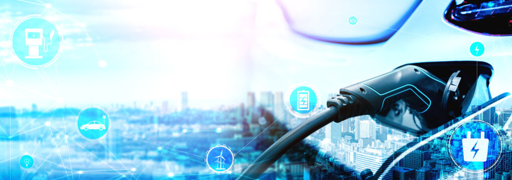 EV charging station for electric car in concept of alternative green energy produced from sustainable resources to supply to charger station in order to reduce CO2 emission .