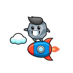 stone mascot character riding a rocket