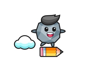 stone mascot illustration riding on a giant pencil