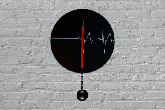 Clock hang at a white brick wall and is forced to stand still with a pointer chaned to a heavy, black metal sphere