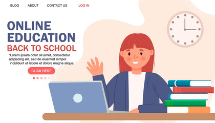 Online education modern flat design. Online school concept. Remote education. Landing page template. For your design.