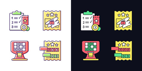 Lottery conduction light and dark theme RGB color icons set. Session program. Electronic gambling machine. Isolated vector illustrations on white and black space. Simple filled line drawings pack