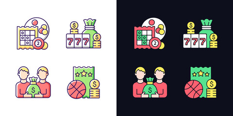 Participation in lottery light and dark theme RGB color icons set. Bingo game. Winning large cash reward. Isolated vector illustrations on white and black space. Simple filled line drawings pack