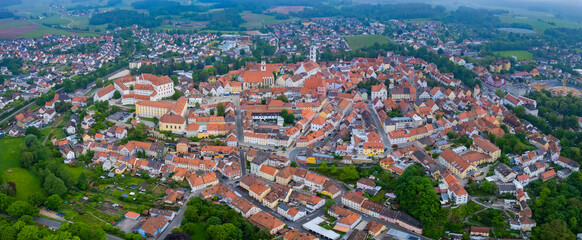 Aerial view of the city Sulzbach-Rosenberg in Germany, Bavaria on a cloudy morning day in Spring