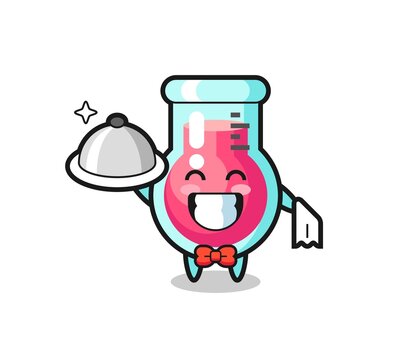 Character mascot of laboratory beaker as a waiters