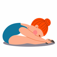 Childrenes sports gymnastics. The girl is sitting in the crease position. Exercises for stretching the leg muscles. Vector illustration in a flat style on a white isolated background.