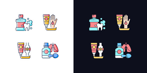 Medical treatment options light and dark theme RGB color icons set. Mouthwash for oral health. Cough syrup. Isolated vector illustrations on white and black space. Simple filled line drawings pack