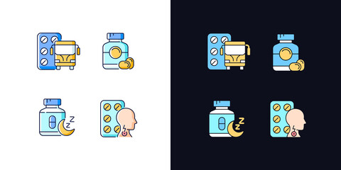 Maintaining life quality light and dark theme RGB color icons set. Motion sickness treatment. Gelatin capsules. Isolated vector illustrations on white and black space. Simple filled line drawings pack