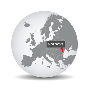 World Globe Map With The Identication Of Moldova. Map Of Moldova. Moldova On Grey Political 3D Globe. Europe Countries. Vector Stock.