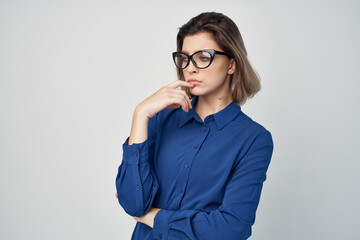 Business woman in blue shirt self-confidence manager office