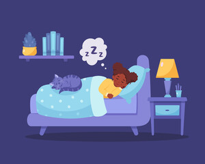 Little black girl sleeping in bedroom with cat. Healthy sleep. Vector illustration