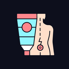 Ointment for back pain RGB color icon for dark theme. Burning, shooting pain relieving. Soothing sensation. Isolated vector illustration on night mode background. Simple filled line drawing on black