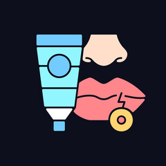 Cream for cold sore RGB color icon for dark theme. Antiviral ointment. Treat fluid-filled blisters on lips. Isolated vector illustration on night mode background. Simple filled line drawing on black