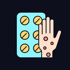 Pills for allergy RGB color icon for dark theme. Relief from nasal stuffiness. Treat allergic rhinitis. Isolated vector illustration on night mode background. Simple filled line drawing on black