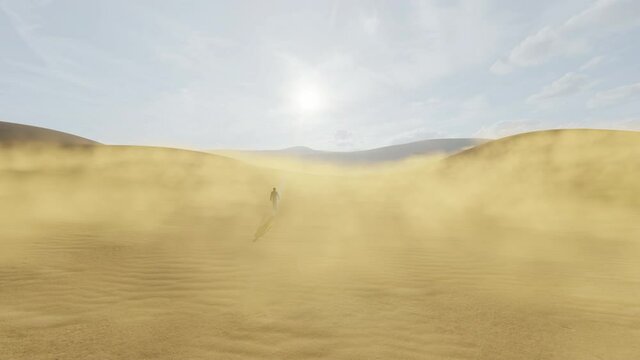 Arab man walks through the desert, sand, and dust rise from the sand dunes, 4K