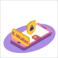 E-wallet phone mockup. Secure payment, transfer, replenishment of currency money. Popular flat colors. Vector isometric 3d illustration.