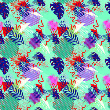 Seamless fresh exotic abstract pattern with paln leaves, monsteras, geometry elements and grunge spots for cloth, clothes, textile, texture, backgrounds