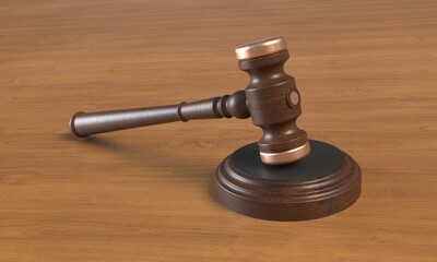 Wooden judges gavel on table close up. 3d rendering