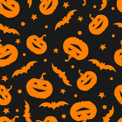 Seamless pattern with pumpkins bats stars. Halloween background. Illustration for textile, print, card, invitation, wallpaper, fabric