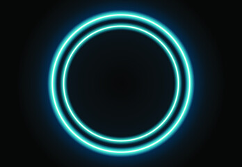 Bright neon ring light. Blue neon circle vector illustration on dark wall. Glowing circle.