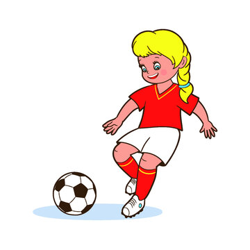 Girl soccer player kicking a soccer ball. Isolated vector illustration in cartoon style on white background for children
