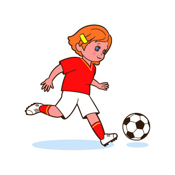 Girl soccer player kicking a soccer ball. Isolated vector illustration in cartoon style on white background for children