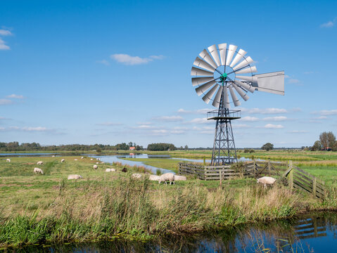Windwatermill draining wetland polder, water level control in national park Alde Feanen, Friesland, Netherlands