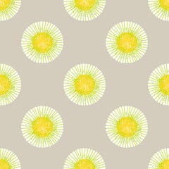 Seamless pattern. A white round flower with a yellow center on a retro gray background. Chamomile or daisy. Vector.