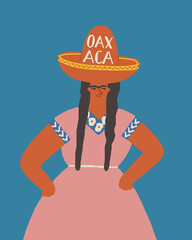 Oaxaca Mexica card with a mexican women wearing traditional dress and sombrero hat. Vector illustration - 448059792