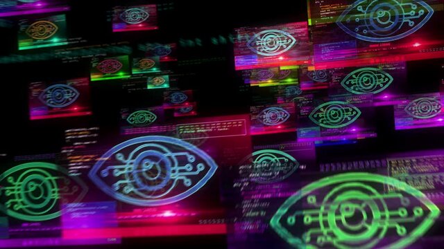 Cyber eye and big brother symbol on computer screens. Cyber threat, artificial intelligence, digital spy and hacking 3d loopable seamless abstract concept animation. Camera flight between displays.