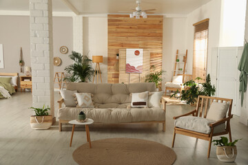 Spacious apartment interior with stylish wooden furniture. Idea for design