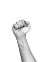 Male clenched fist isolated on white background. Fist pump, protest, revolution. - obrazy, fototapety, plakaty