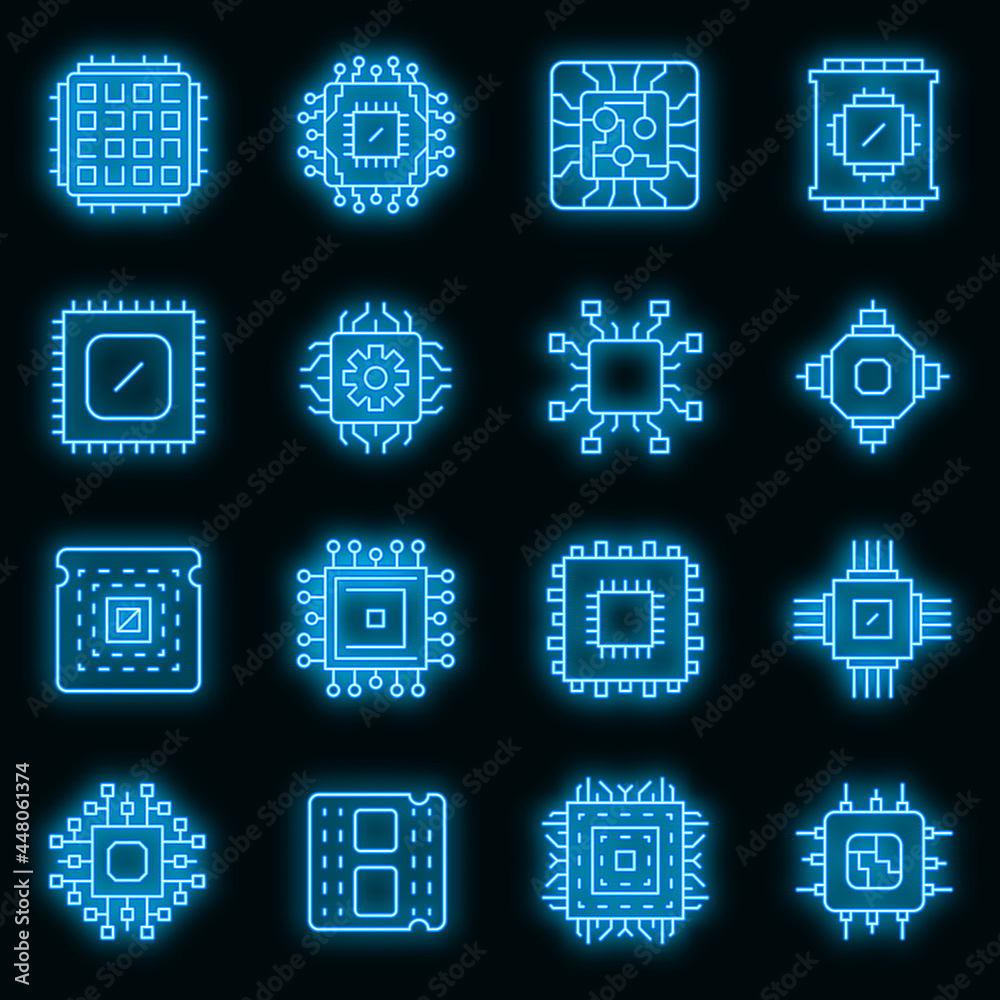 Poster processor icons set. outline set of processor vector icons neon color on black