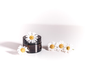 Container with chamomiles. Herbal dermatology cosmetic hygienic cream. Natural beauty product. Face cream with flowers of chamomile. Cosmetics.