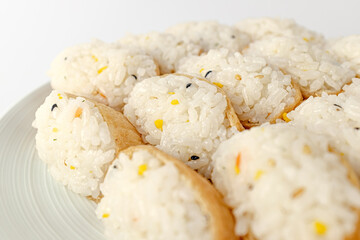 Tofu sushi on a white background
