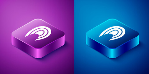 Isometric Fish steak icon isolated on blue and purple background. Square button. Vector