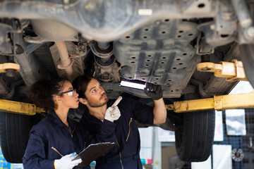 Hispanic Female trainee Mechanics Working Underneath Car Together Car maintenance and auto service garage. Car maintenance and auto service garage concept. - obrazy, fototapety, plakaty