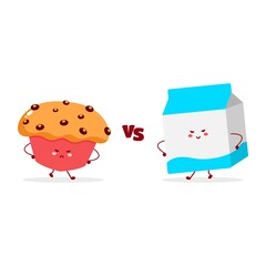 milk and muffin versus cute character simple mascot logo smile happy