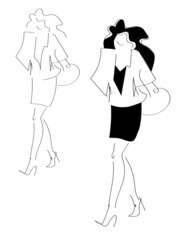 girl with a handbag walking minimalistic lineart simple elegant fashion 