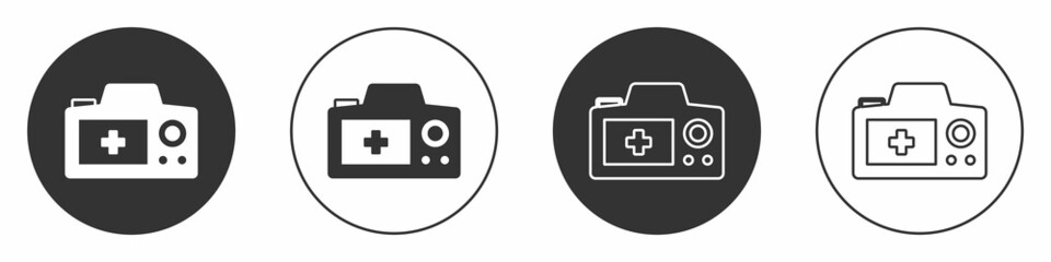 Black Photo camera icon isolated on white background. Foto camera. Digital photography. Circle button. Vector
